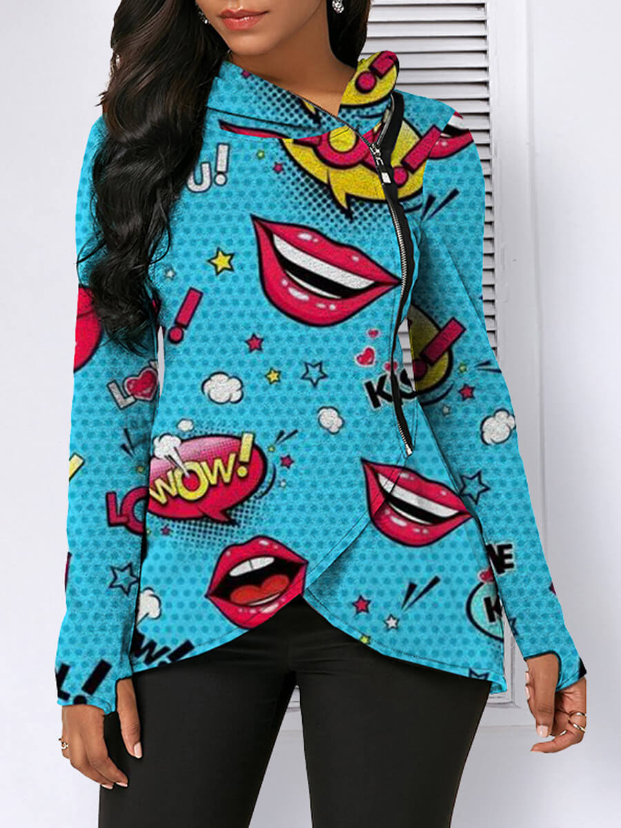 

Lovely Street Hooded Collar Lip Print Zipper Design Multicolor Coat, Multi