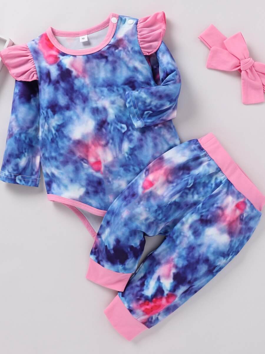 lovely Casual O Neck Tie-dye Multicolor Girl Two-piece Pants Set