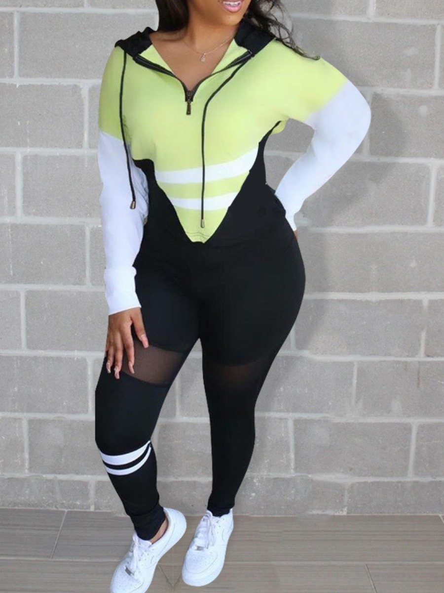 lovely Sportswear Hooded Collar Patchwork Green Two Piece Pants Set