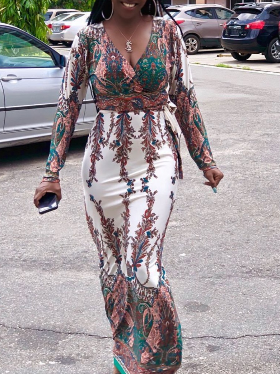 

lovely Bohemian V Neck Plants Print White Maxi Dress