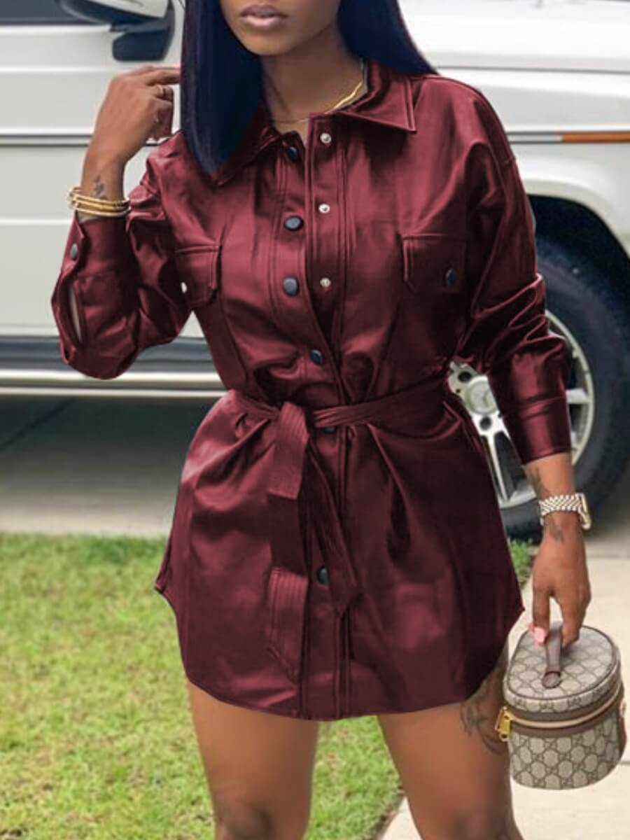 

Lovely Casual Turndown Collar Buttons Design Wine Red Mini Dress