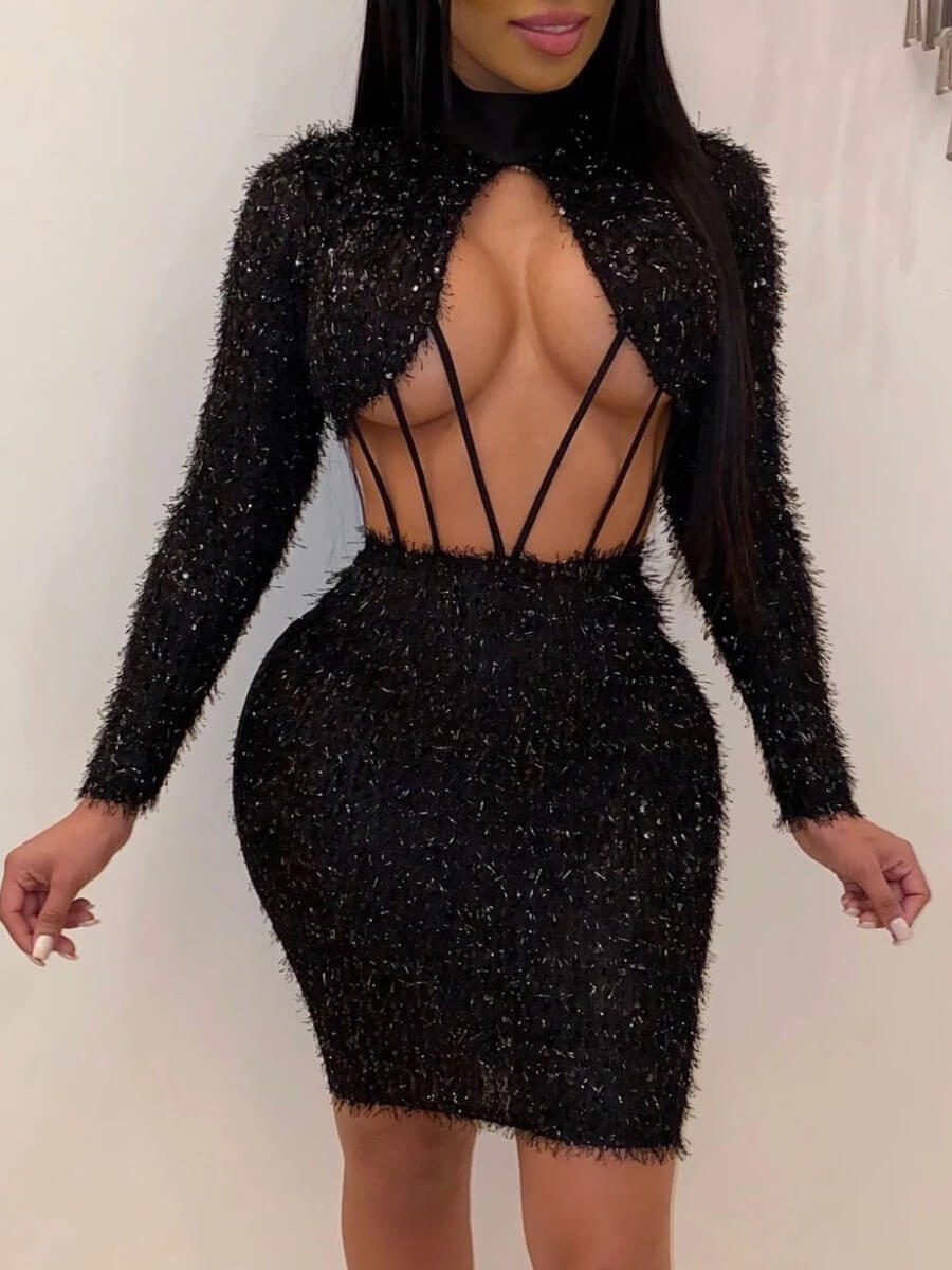 

Lovely Sexy Patchwork Hollow-out Black Knee Length Dress