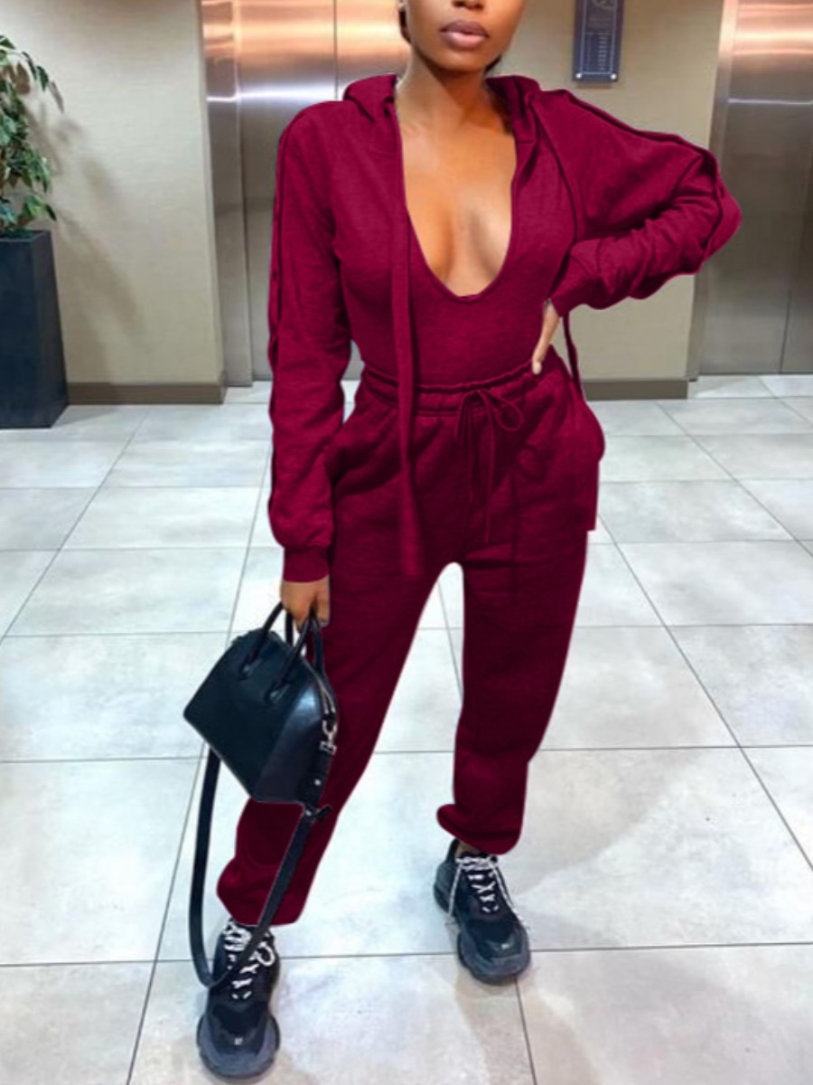 

lovely Trendy Hooded Collar Patchwork Wine Red Two Piece Pants Set
