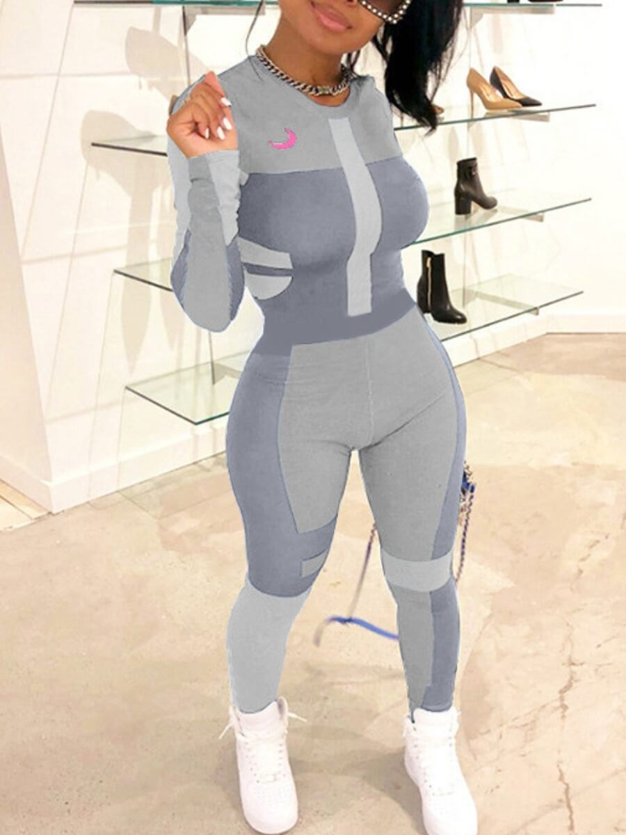 

Lovely Sportswear O Neck Patchwork Grey One-piece Jumpsuit