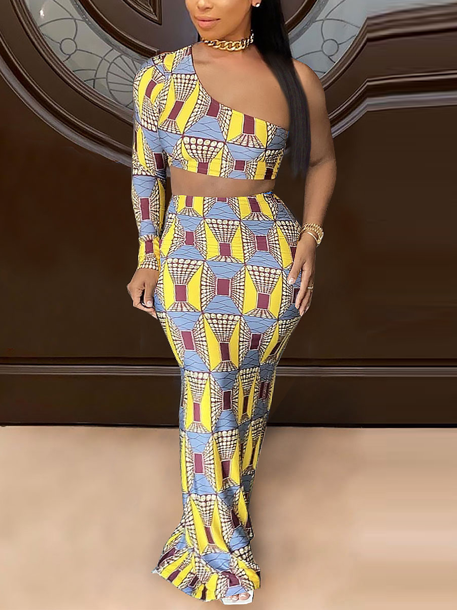 

Lovely Bohemian One Shoulder Print Yellow Two Piece Skirt Set