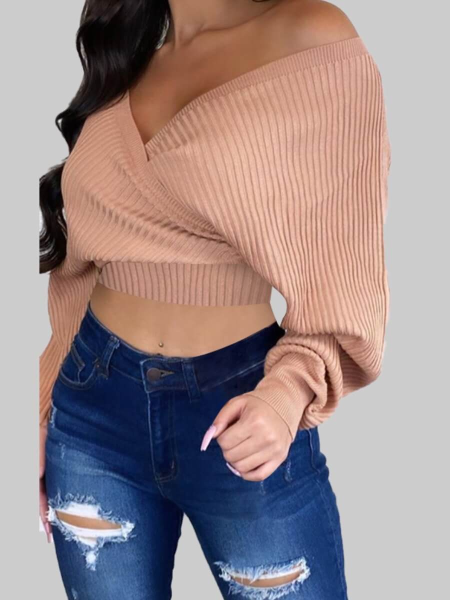 lovely Street V Neck Cross-over Design Pink Sweater