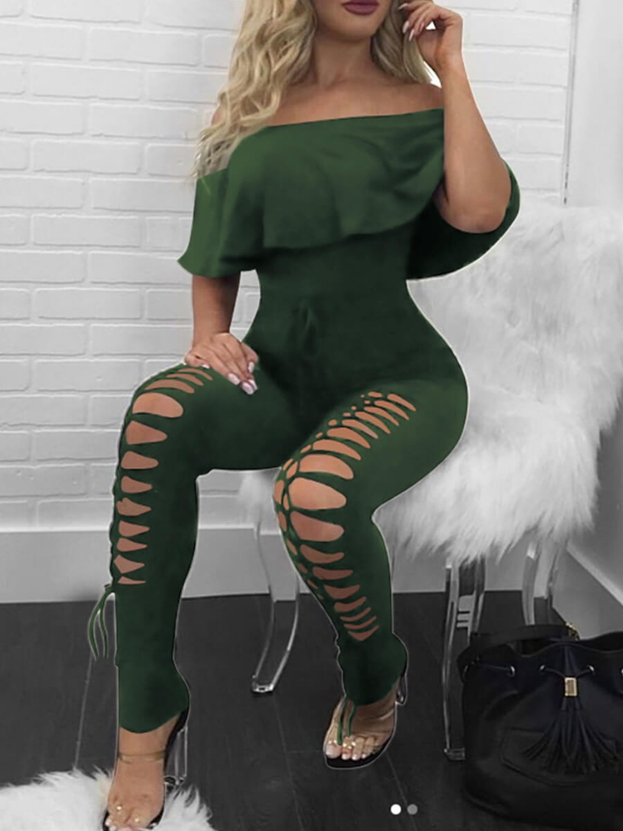 

Lovely Trendy Dew Shoulder Broken Holes Green One-piece Jumpsuit