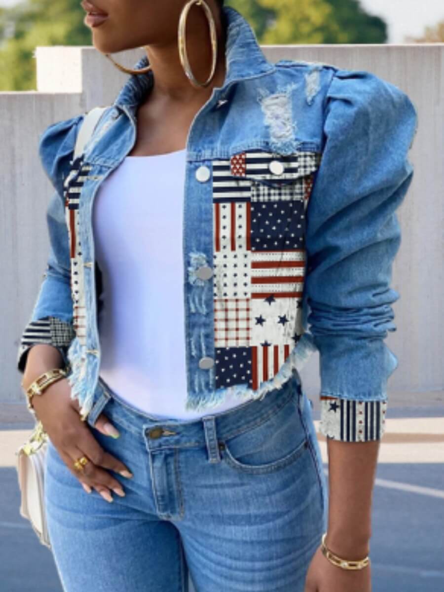 

Lovely Stylish Turndown Collar Broken Holes Patchwork Blue Denim Jacket