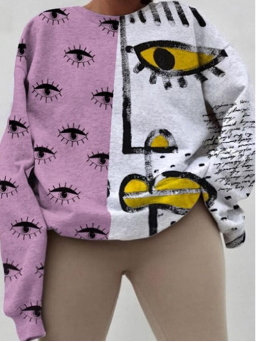 

Lovely Street O Neck Eye Print Patchwork White Plus Size Hoodie