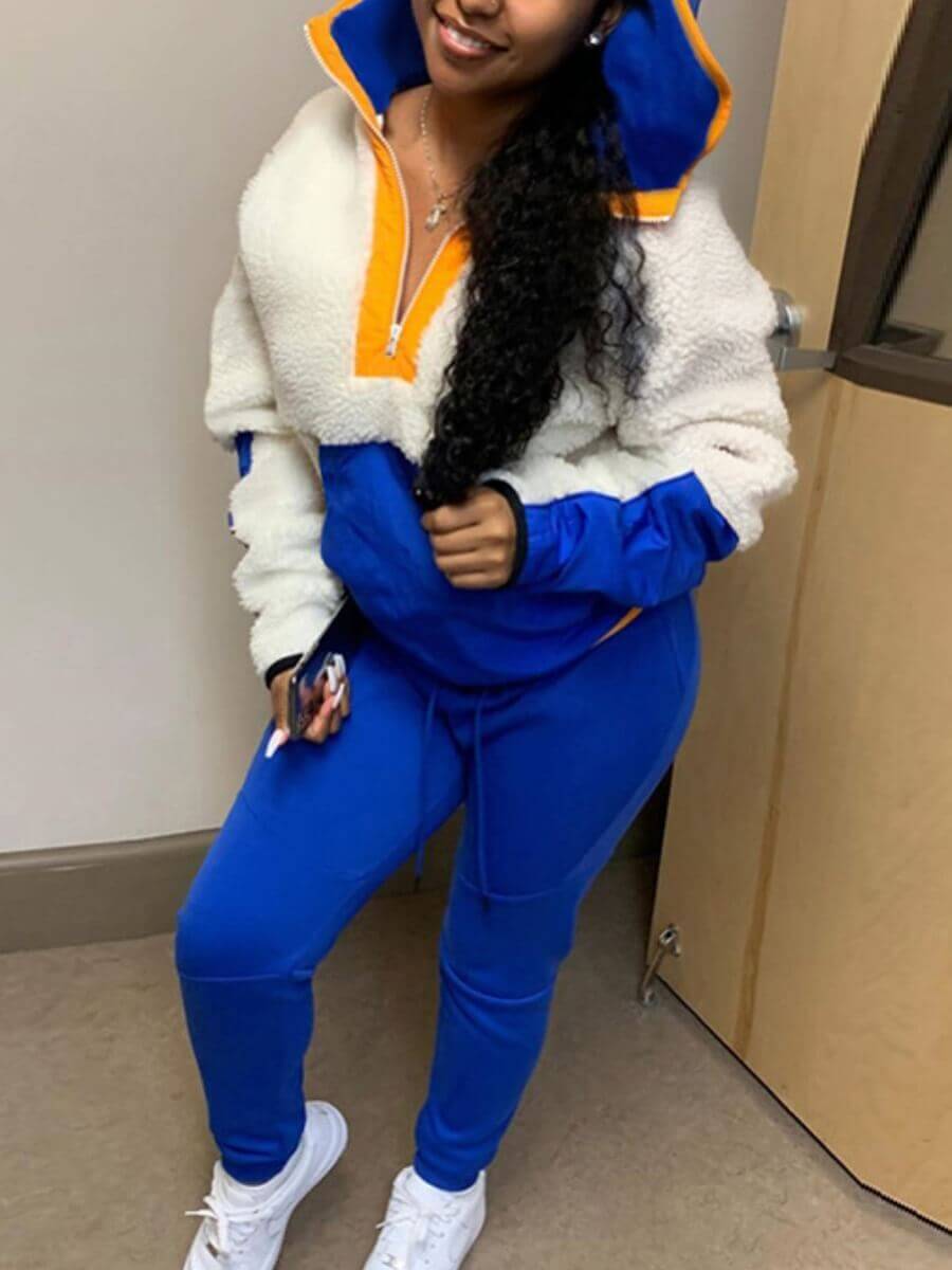 

Lovely Stylish Hooded Collar Patchwork Blue Two Piece Pants Set