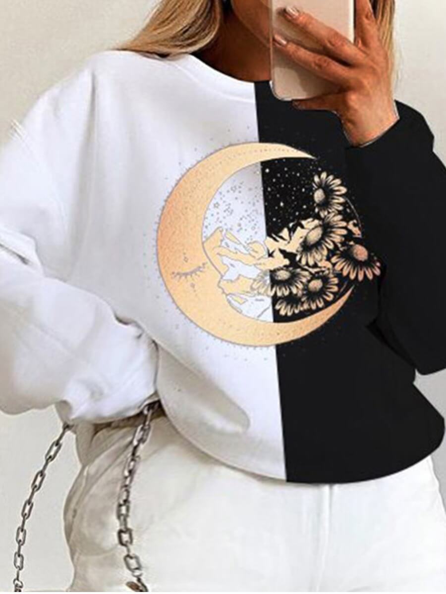 

Lovely Street O Neck Print Patchwork Black And White Plus Size Hoodie