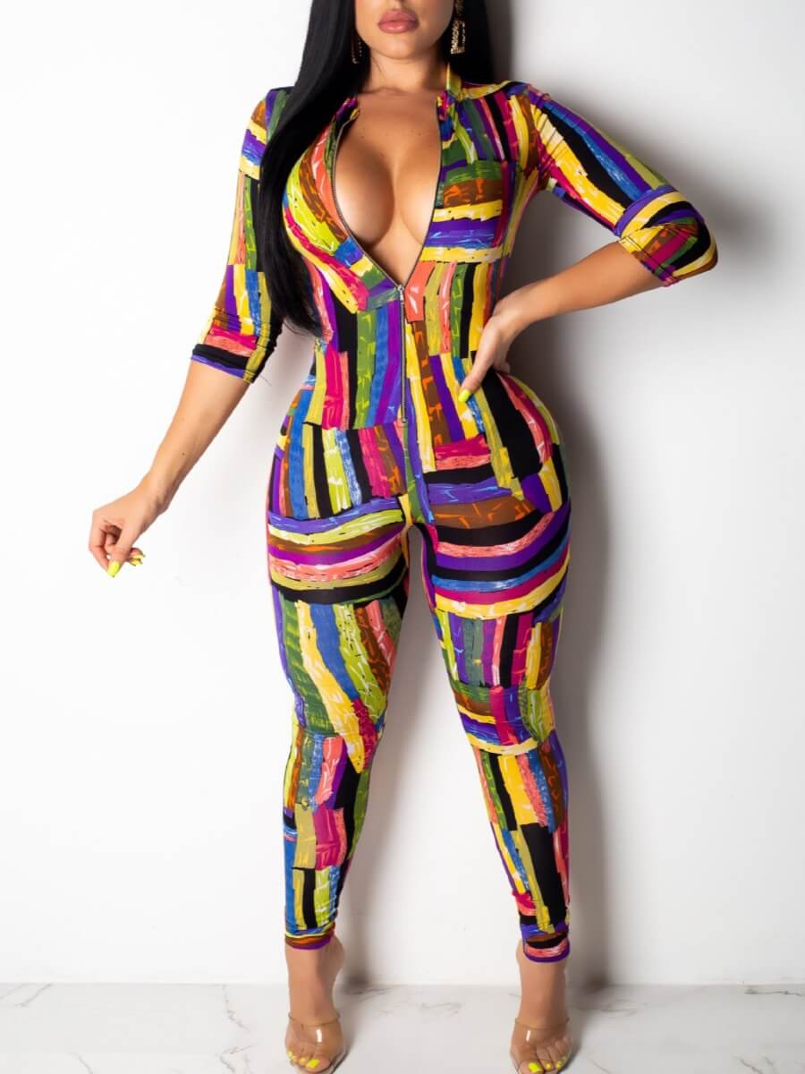 

Lovely Stylish Print Zipper Design Multicolor One-piece Jumpsuit, Multi
