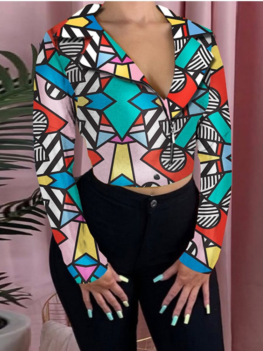 

Lovely Casual Turndown Collar Print Multicolor Coat, Multi