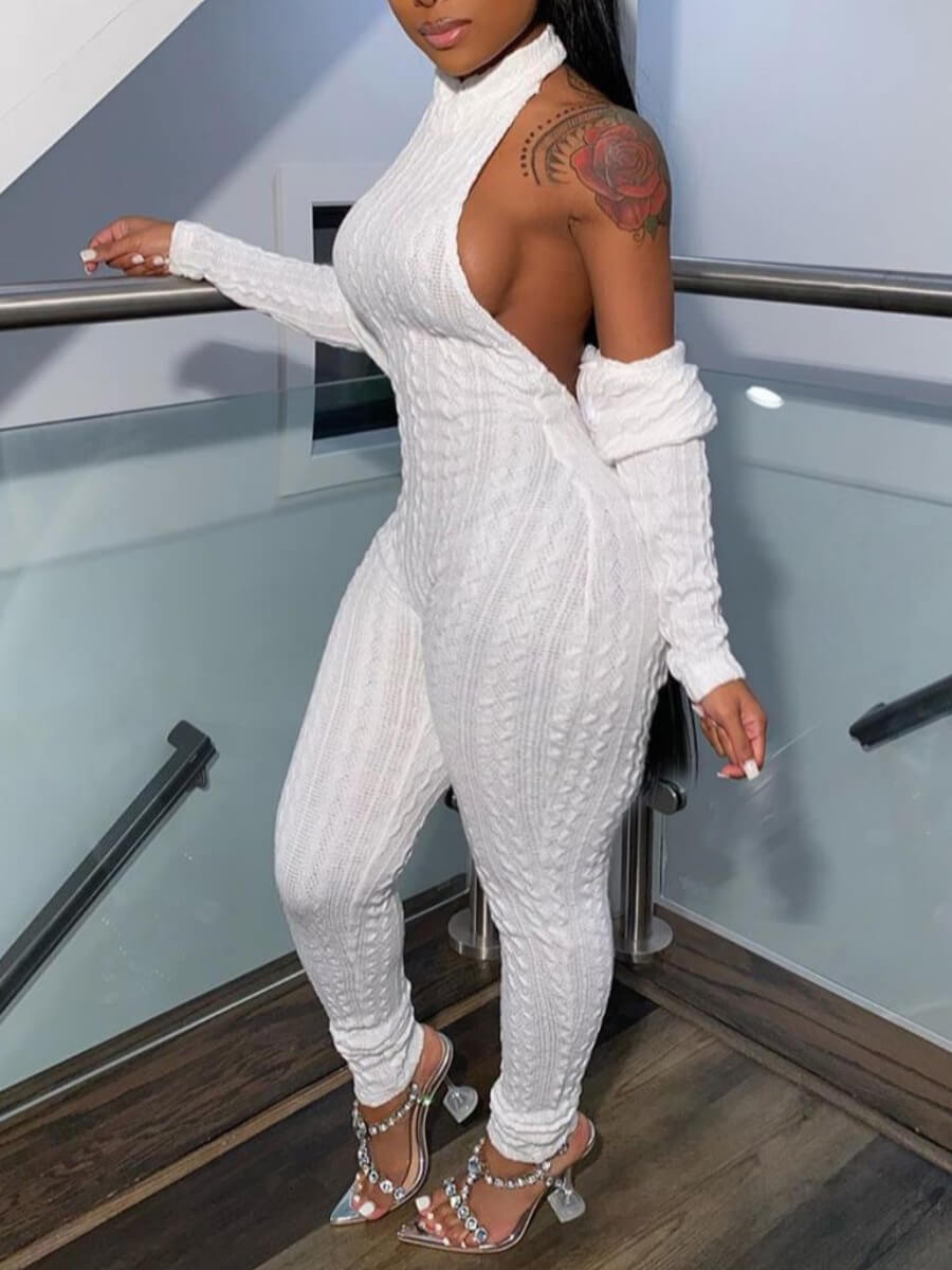 

Lovely Street Backless Skinny White Plus Size Two-piece Pants Set