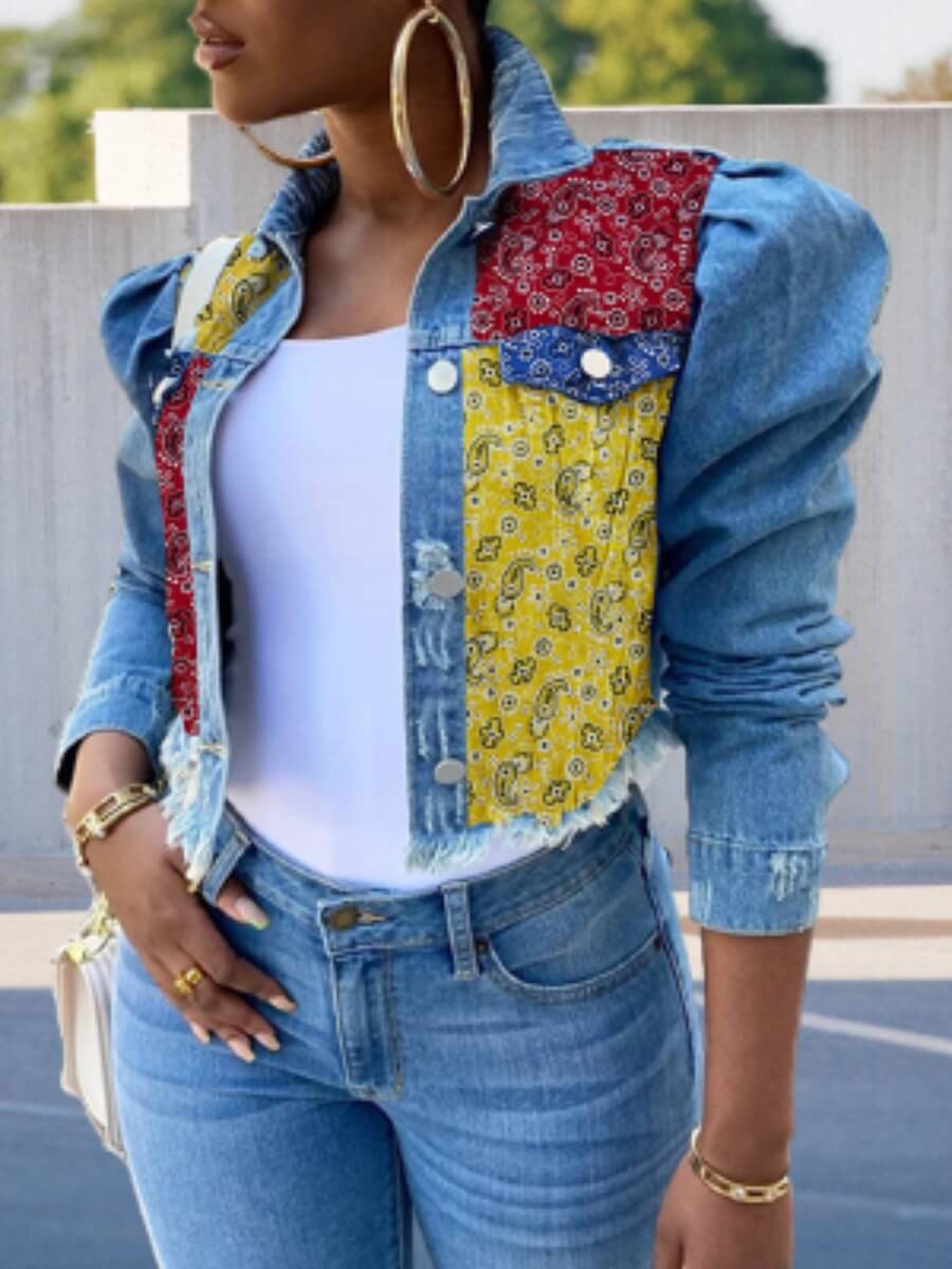 

Lovely Stylish Turndown Collar Print Patchwork Baby Blue Denim Jacket