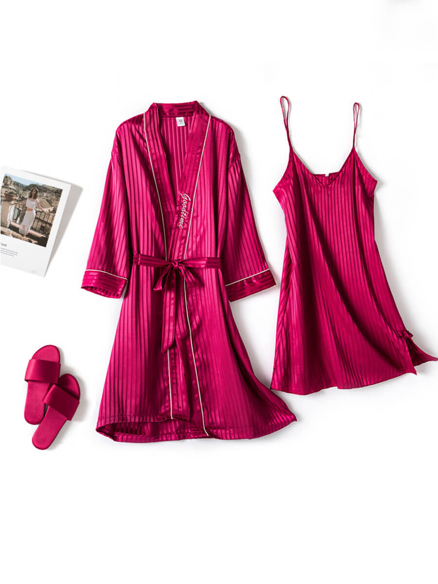 

Lovely Cosy Striped Loose Rose Red Sleepwear