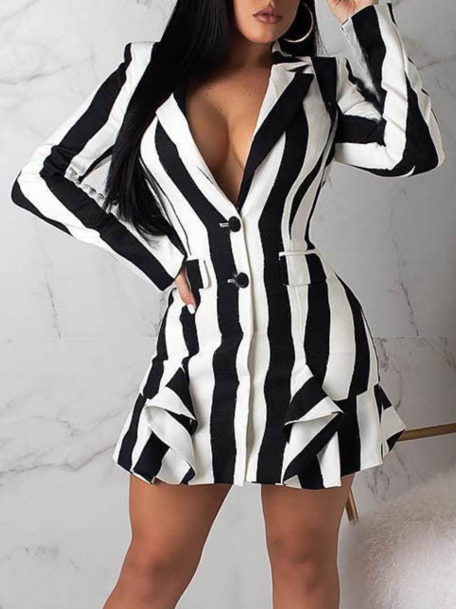

lovely Stylish Turndown Collar Striped Black And White Mini Dress
