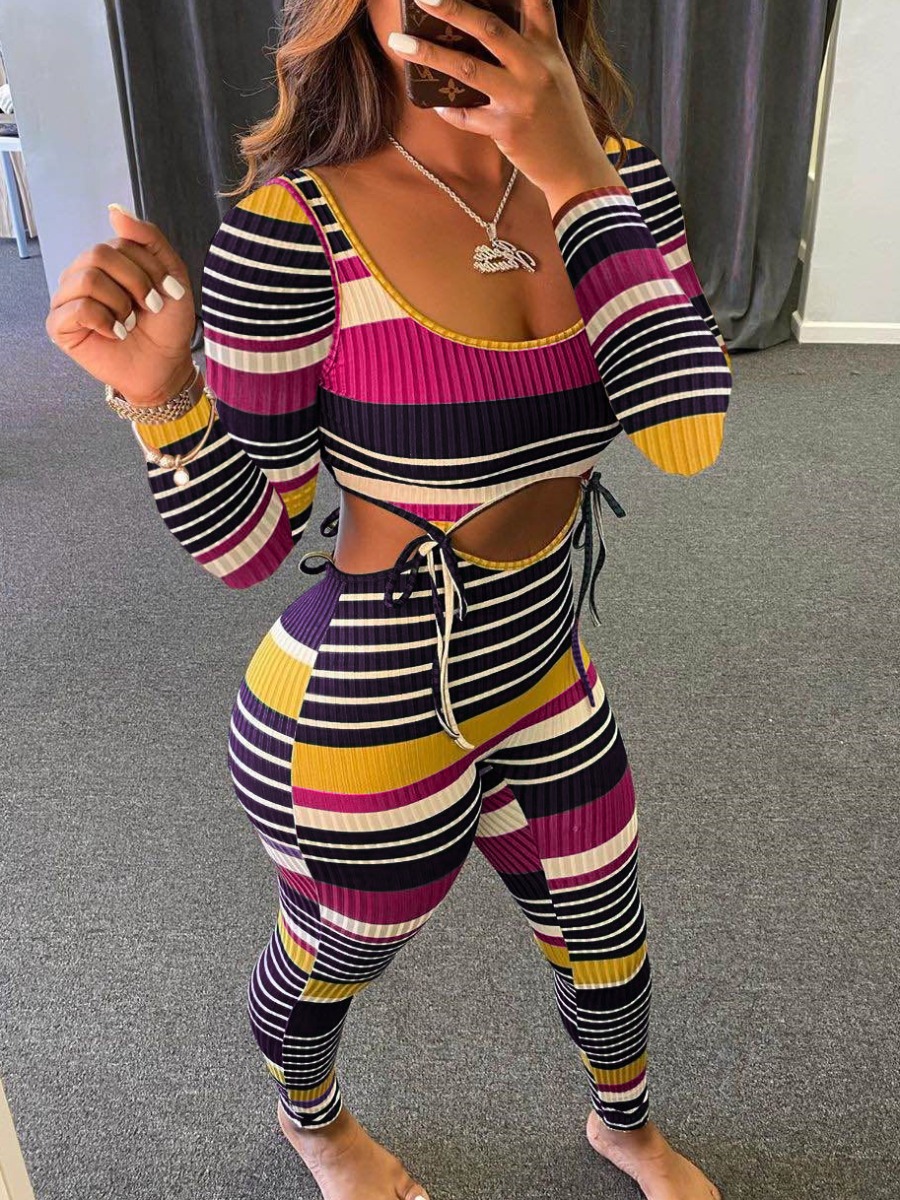 

Lovely Stylish U Neck Rainbow Striped Pink Two Piece Pants Set
