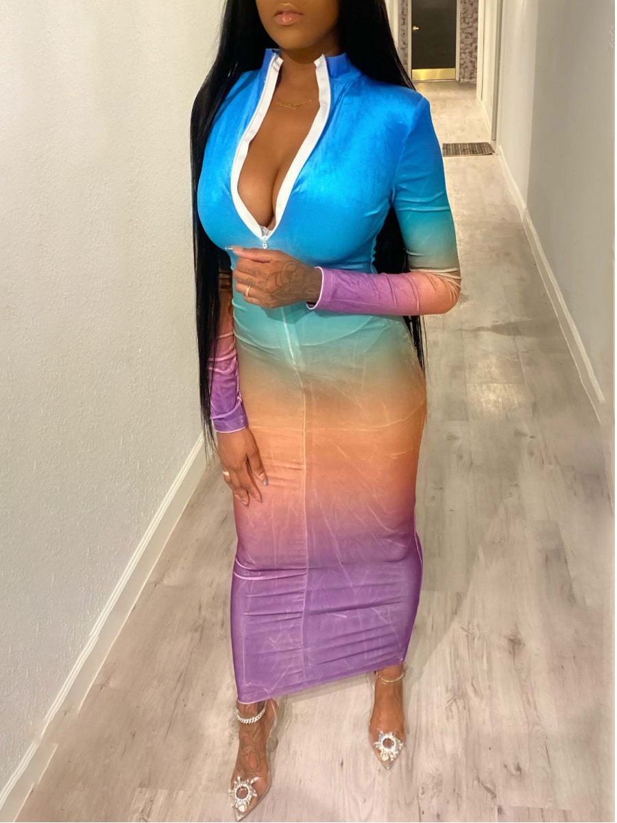 

Lovely Sportswear Gradient Print Blue Zipper Design Ankle Length Dress