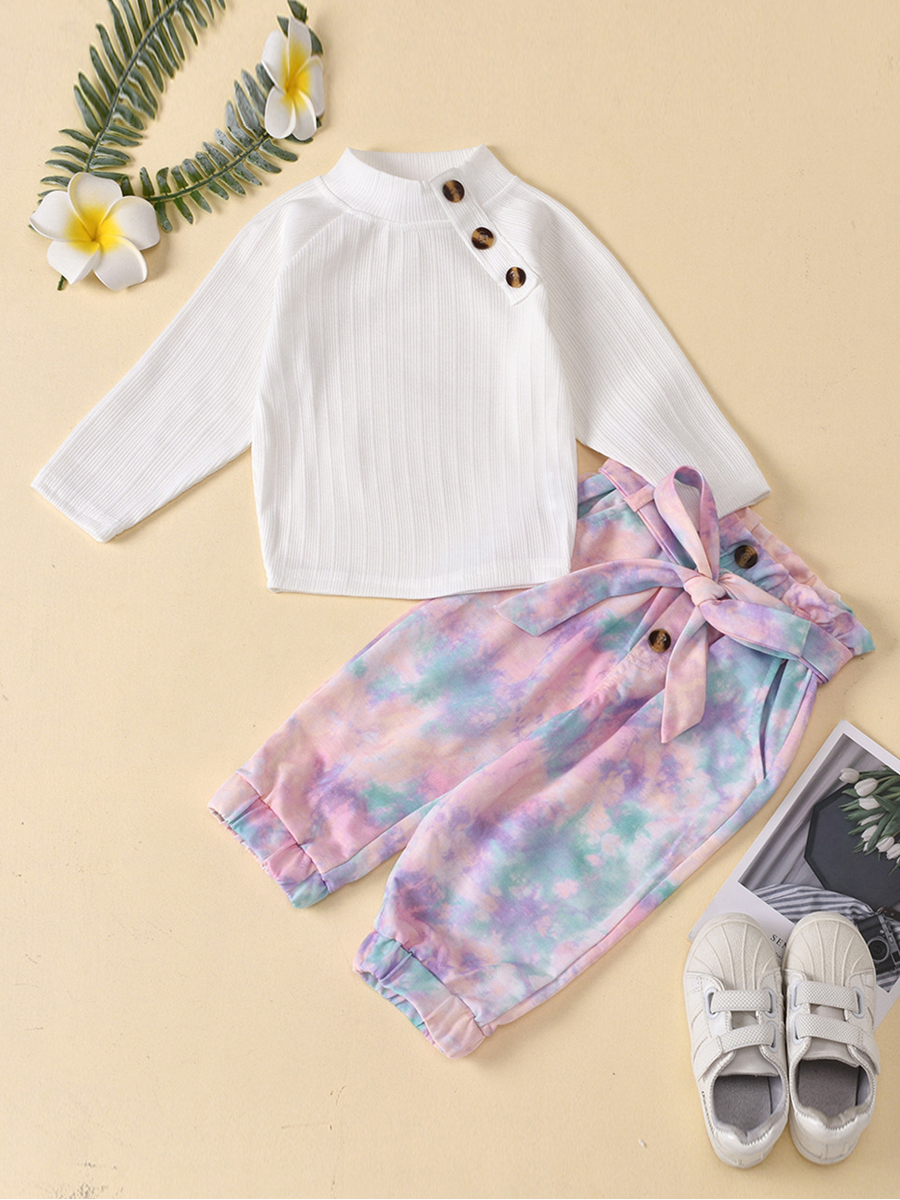 

lovely Trendy Buttons Design Tie-dye White Girl Two-piece Pants Set