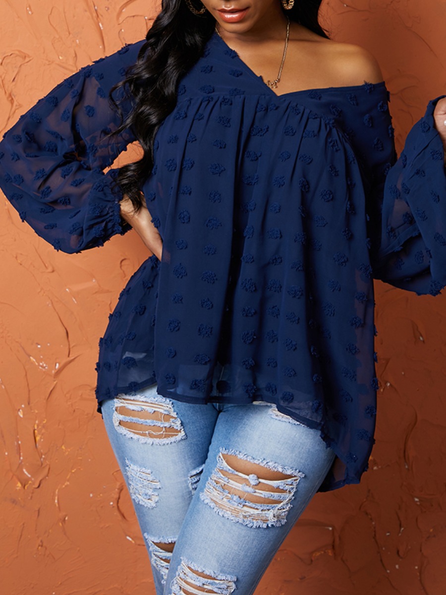 

Lovely Leisure V Neck Fold Design Loose Dark Blue Blouse