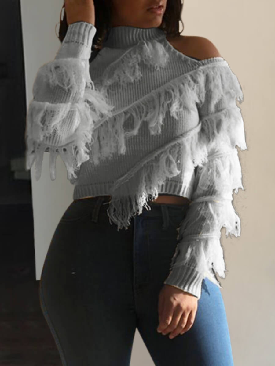 

Lovely Stylish Turtleneck Hollow-out Tassel Design Light Grey Sweater