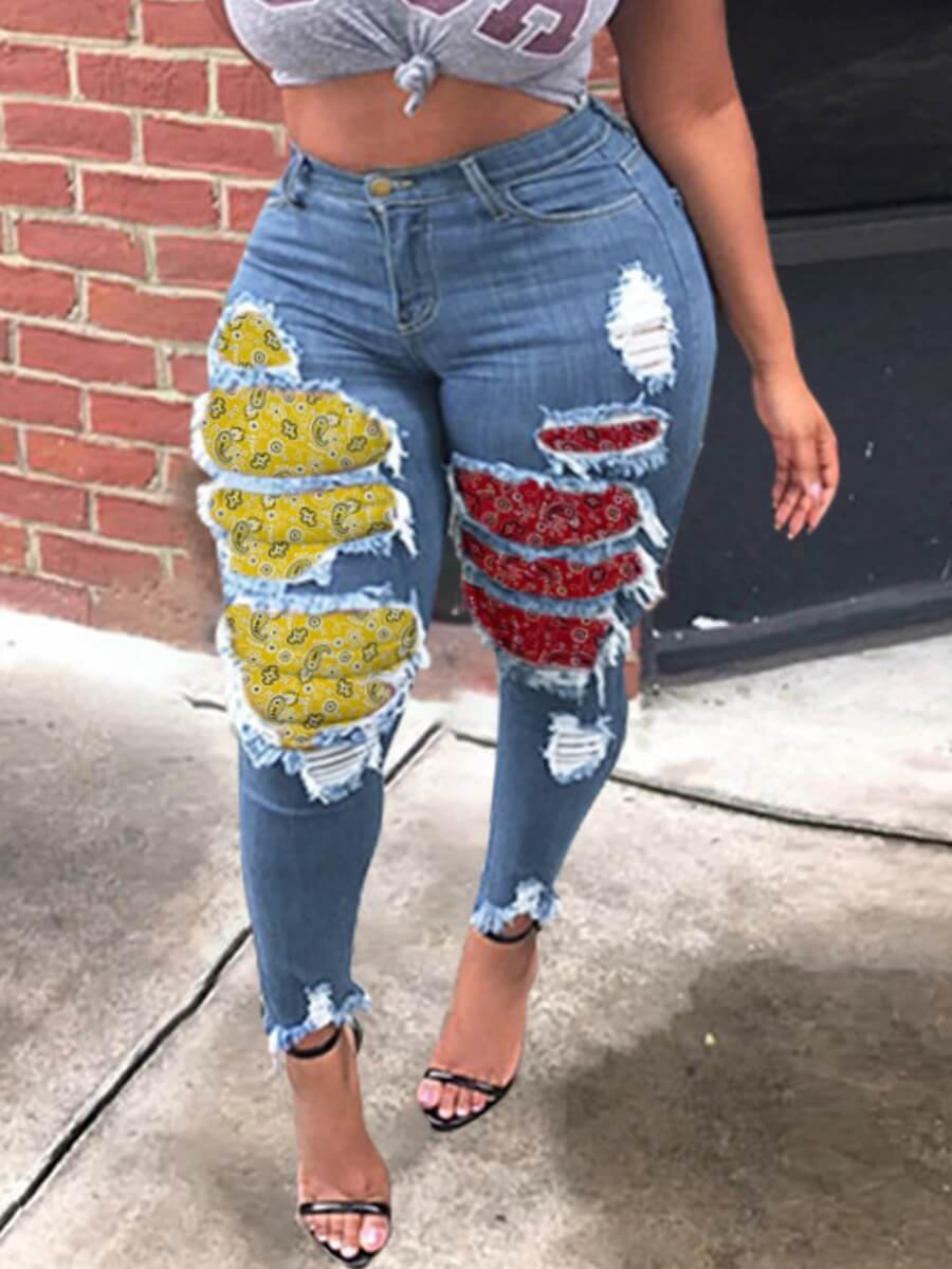 

Lovely Stylish Patchwork Blue Plus Size Jeans