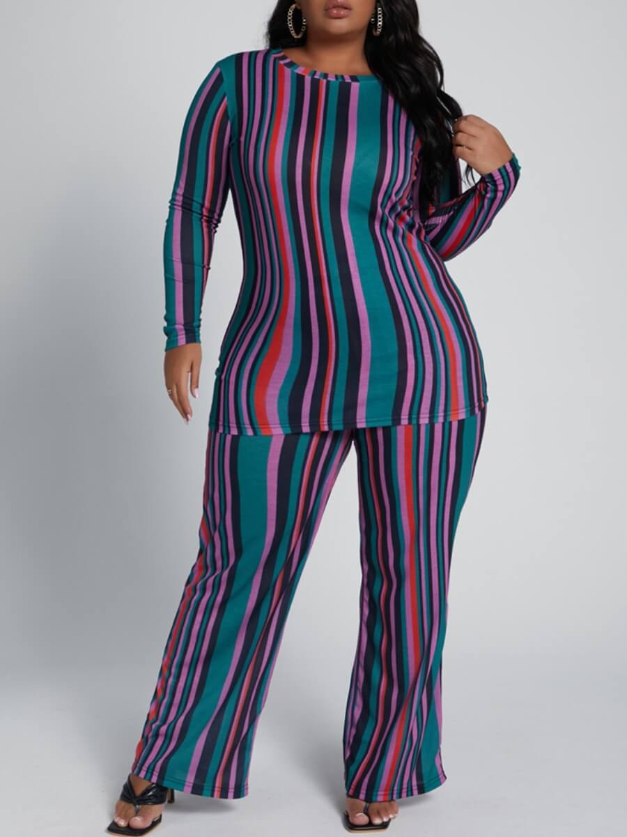 

Lovely Casual O Neck Striped Blue Plus Size Two-piece Pants Set