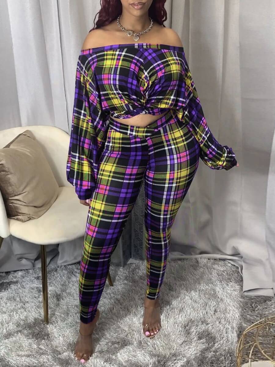 

Lovely Trendy Dew Shoulder Grid Print Blue Two Piece Pants Set