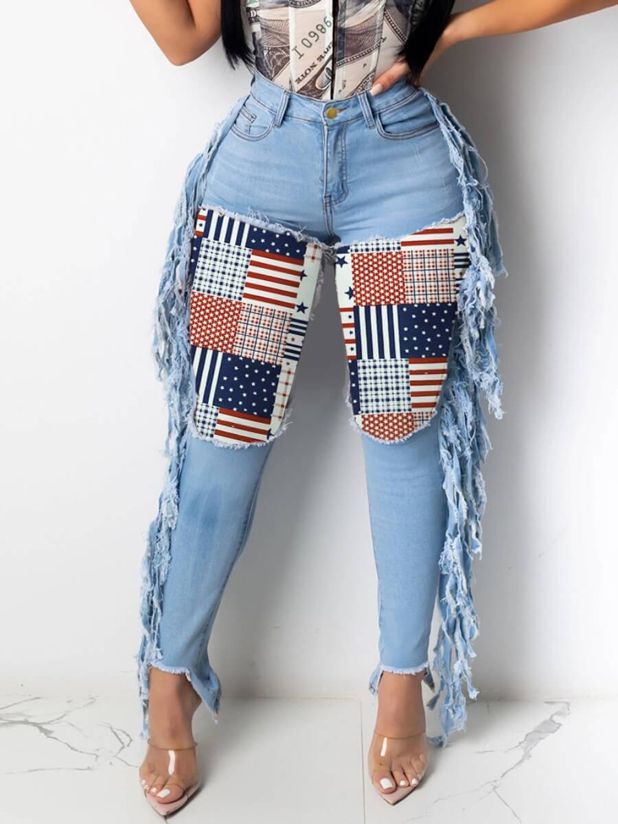 

Lovely Street Patchwork Tassel Design Blue Jeans