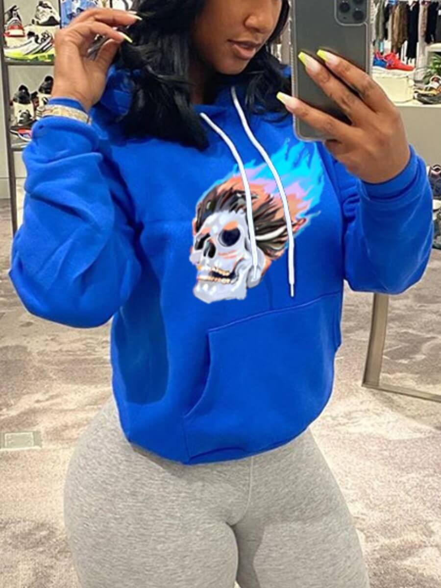 

Lovely Casual Hooded Collar Print Blue Hoodie