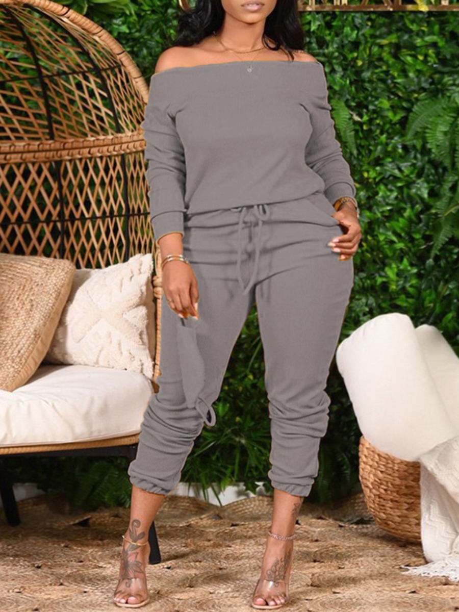 

Lovely Leisure Dew Shoulder Drawstring Grey Plus Size Two-piece Pants Set