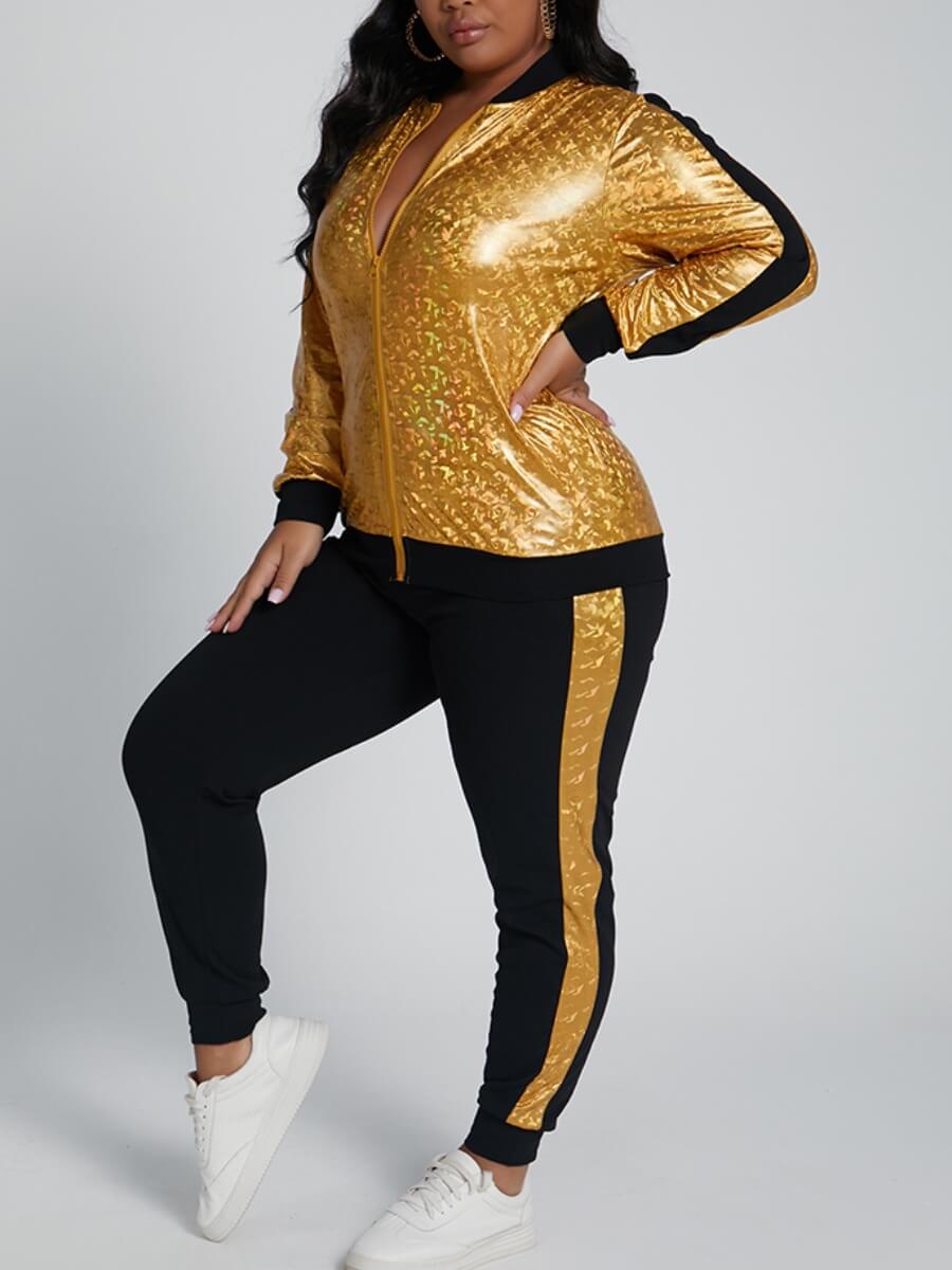 

Lovely Trendy Zipper Design Patchwork Gold Plus Size Two-piece Pants Set