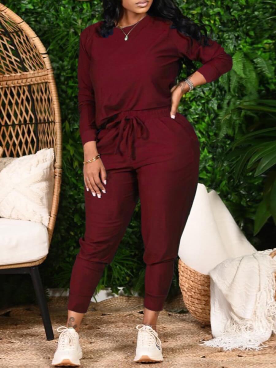 

Lovely Sportswear O Neck Lace-up Wine Red Plus Size Two-piece Pants Set