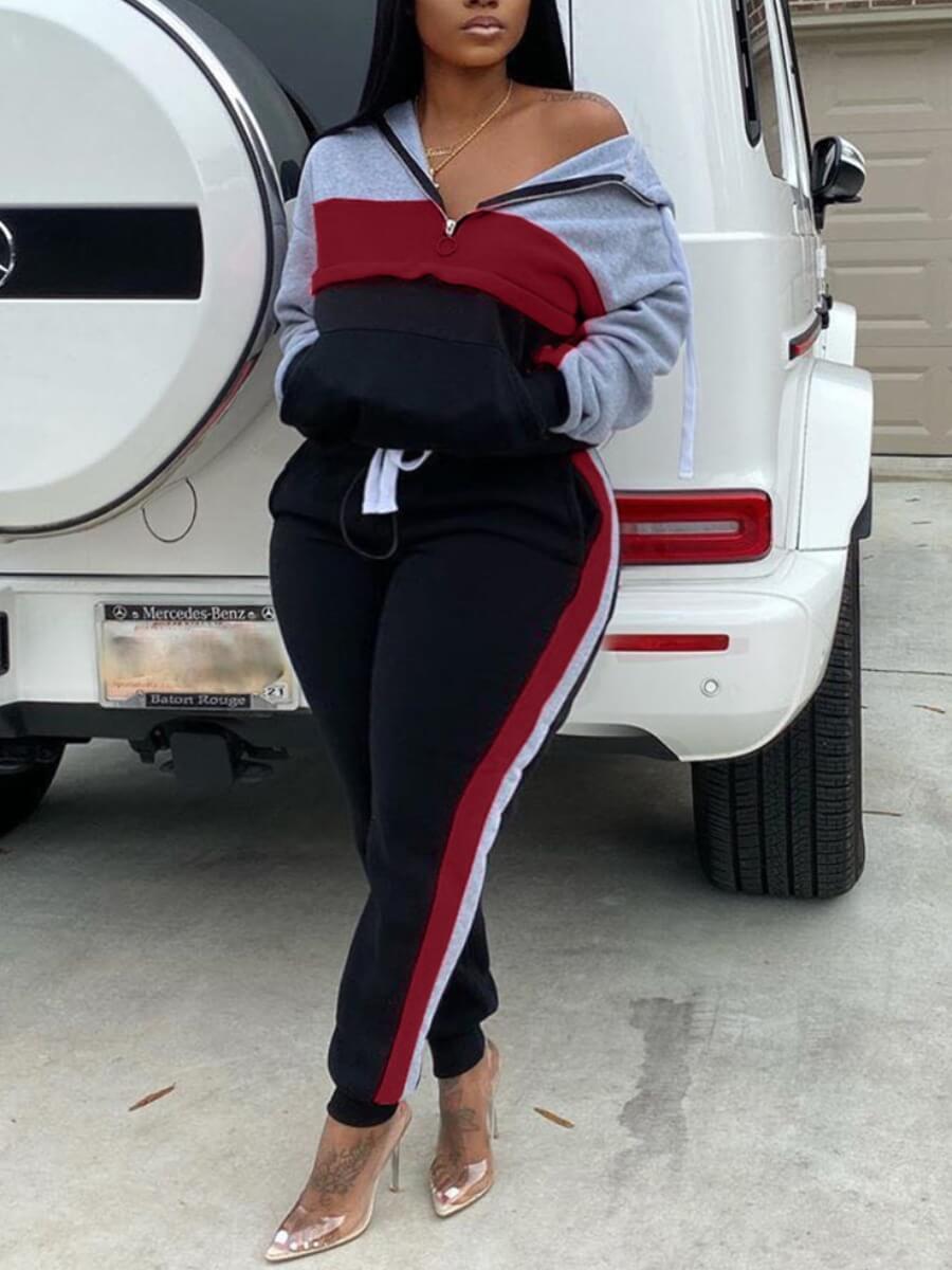 

Lovely Sportswear Patchwork Zipper Design Red Plus Size Two-piece Pants Set