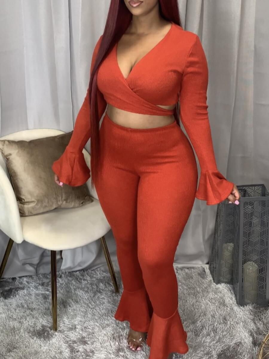 

Lovely Stylish V Neck Lace-up Croci Plus Size Two-piece Pants Set
