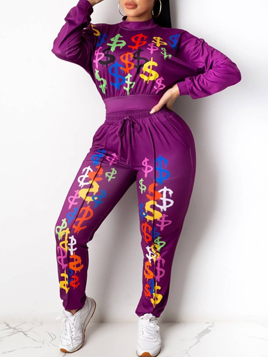 

Lovely Casual O Neck Print Purple Plus Size Two-piece Pants Set
