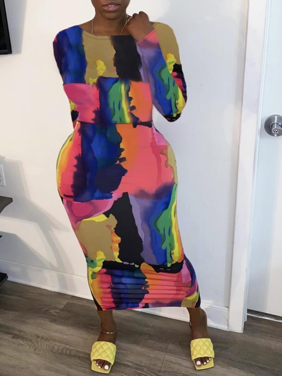 

Lovely Casual O Neck Print Multicolor Mid Calf Plus Size Dress, Multi