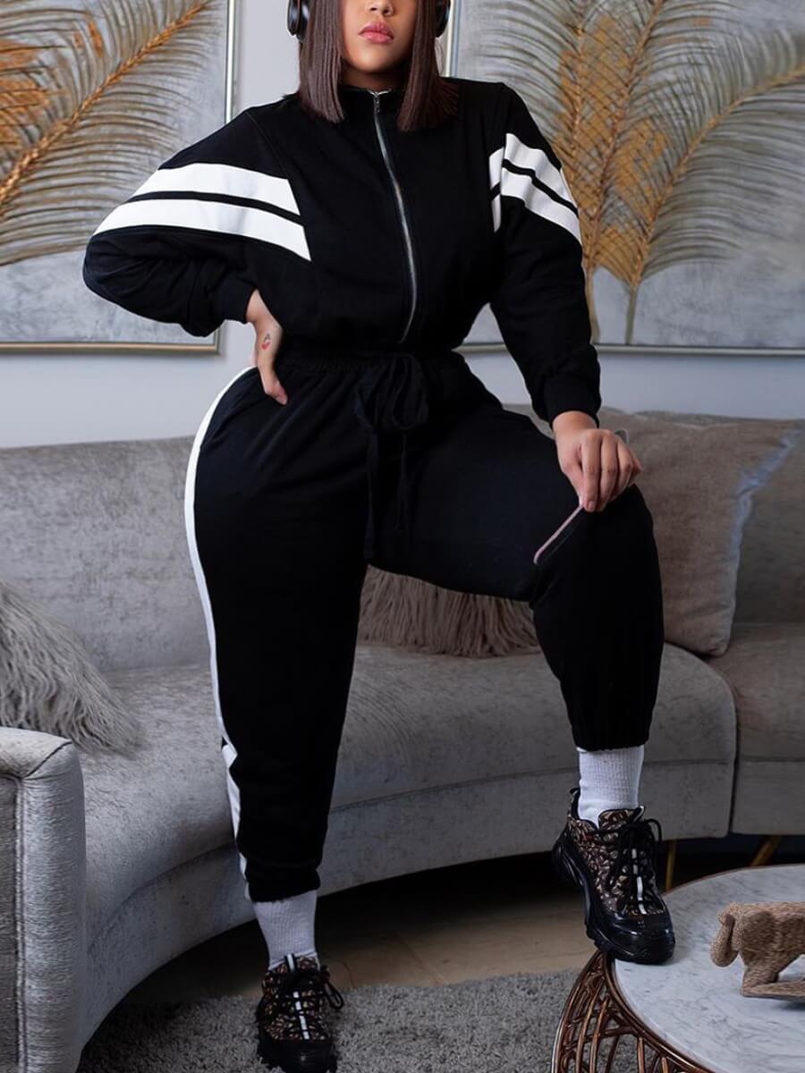 

Lovely Sportswear Zipper Design Patchwork Black Plus Size One-piece Jumpsuit