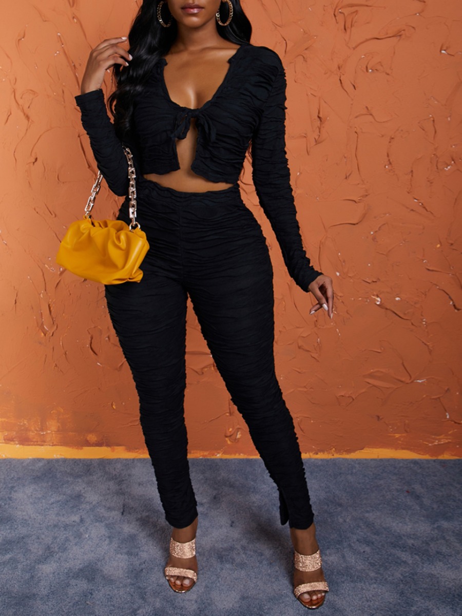 

Lovely Trendy Fold Design Black Two Piece Pants Set