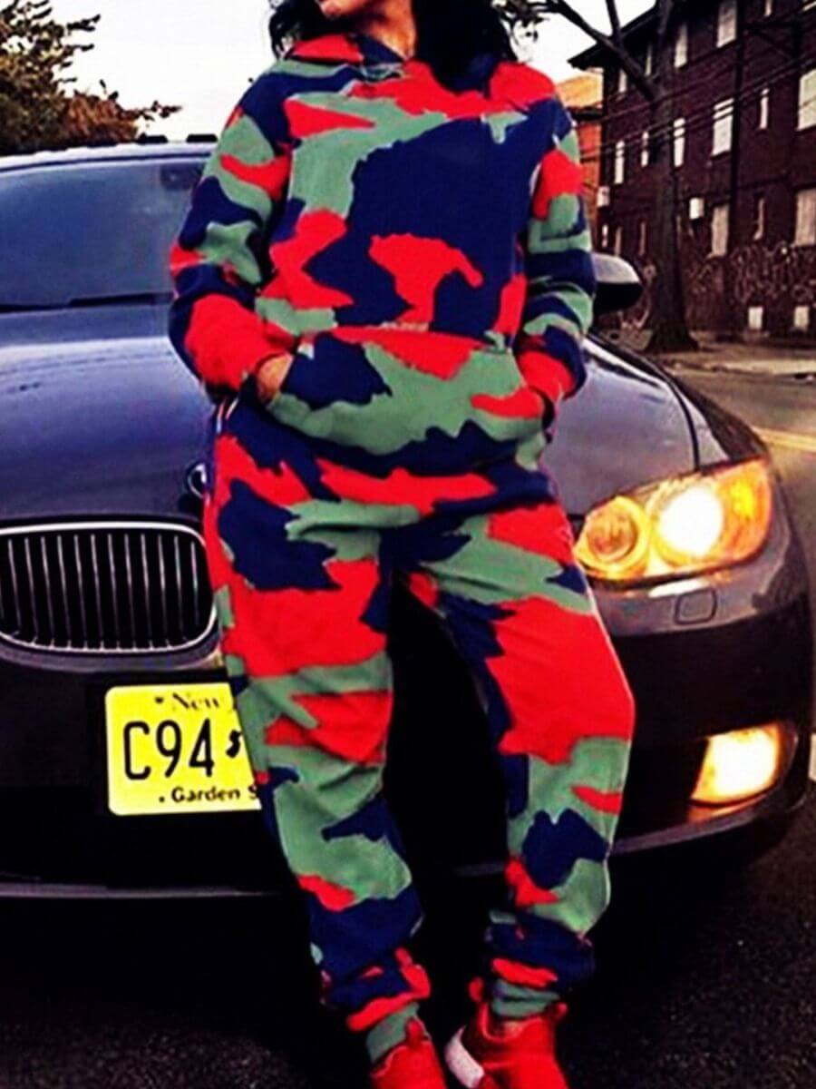 

LW Plus Size Camo Print Tracksuit Pants Set, Red