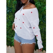 Lovely Casual V Neck Heart Print White Sweater