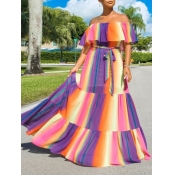Lovely Bohemian Rainbow Striped Multicolor Maxi Dr