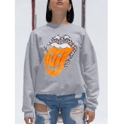 Lovely Casual O Neck Lip Print Grey Hoodie