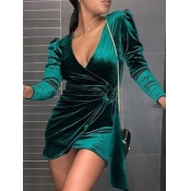 lovely Trendy V Neck Fold Design Green Mini Dress