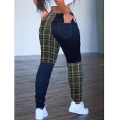 LW Trendy Grid Print Patchwork Army Green Pants