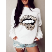Lovely Casual O Neck Lip Print White Hoodie