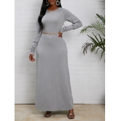 Lovely Casual O Neck Basic Loose Grey Maxi Dress