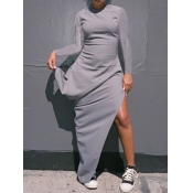 lovely Trendy O Neck Asymmetrical Grey Maxi Dress