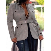 lovely Casual Turndown Collar Grid Print Grey Blaz
